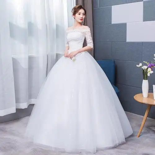 一字肩白色婚纱礼服2018新款新娘结婚韩版简约冬季孕妇婚纱齐地