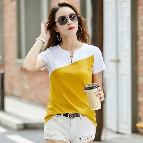 秋壳纯棉t恤女短袖v领上衣夏装新款修身拼接时尚撞色体恤小衫潮