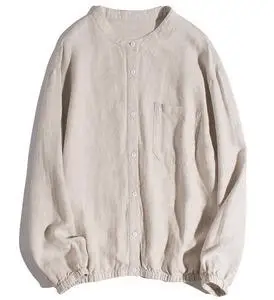 muji女式无印良品夏季新款亚麻宽松衬衫文艺立领长袖收摆薄外套