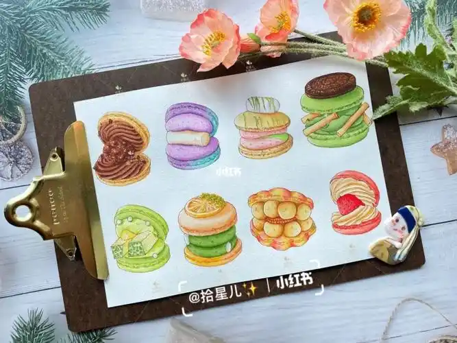 钢笔淡彩手绘韩式马卡龙