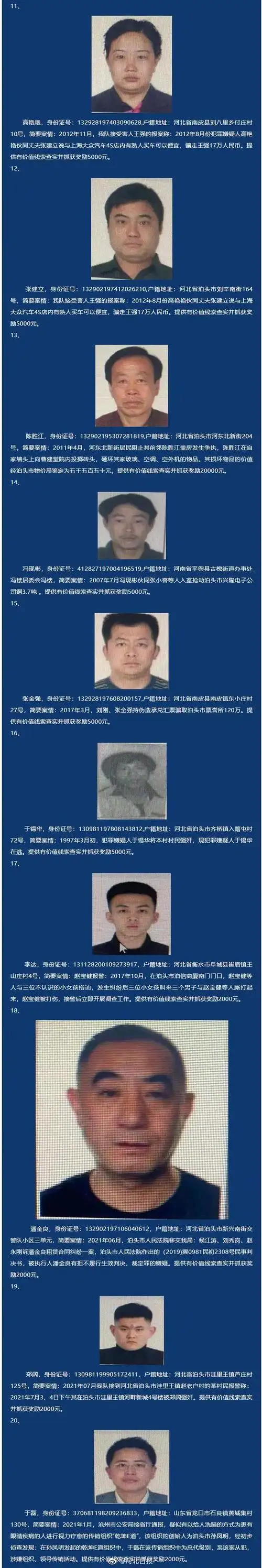 悬赏金额最高5万元!河北泊头警方悬赏通缉28名上网逃犯