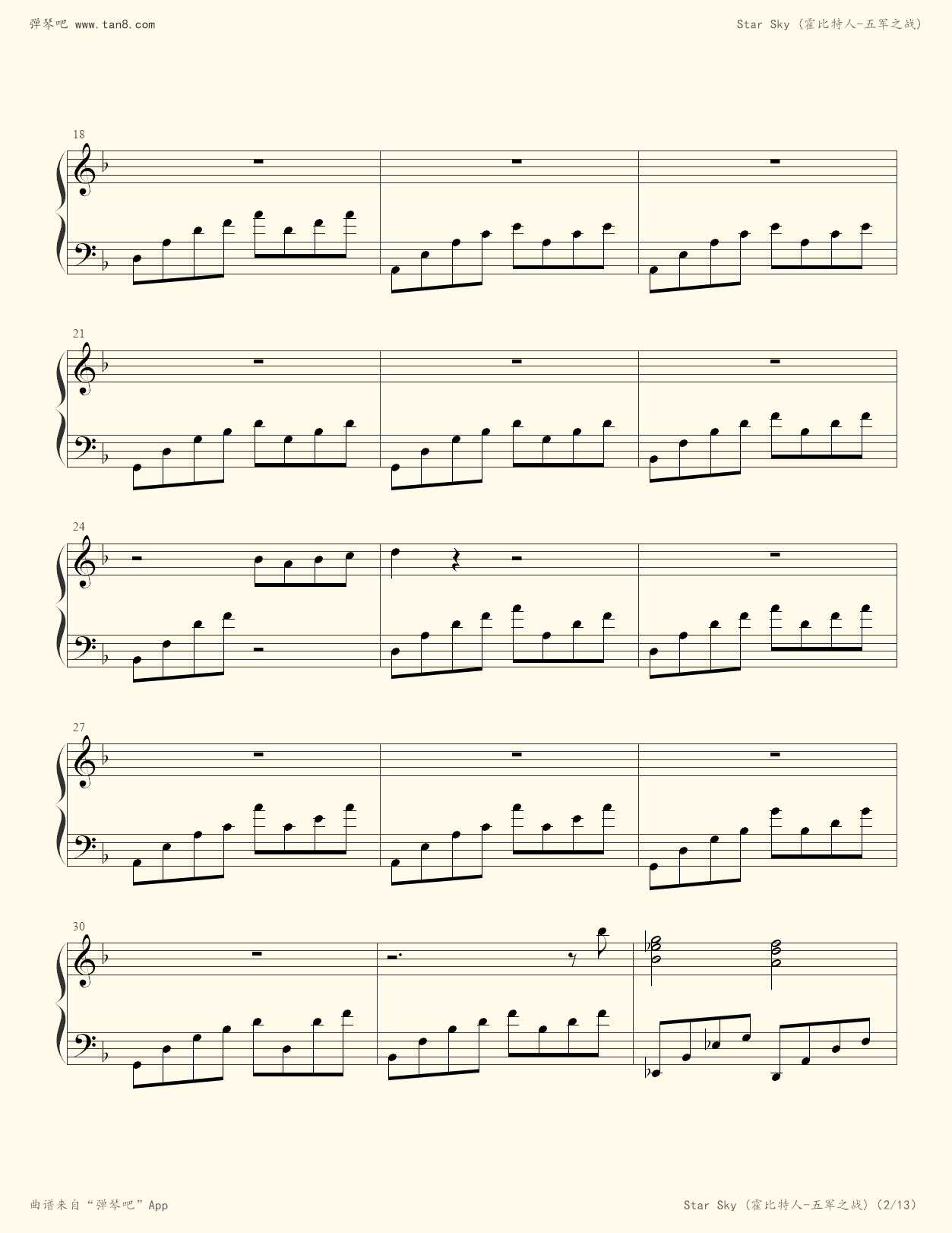 钢琴谱 - star sky (霍比特人-五军之战)