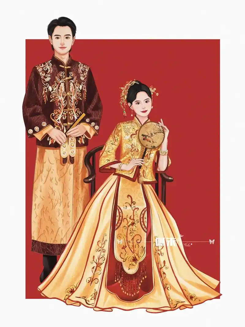 婚礼插画——微写实婚纱手绘这样一幅中式婚纱照手绘图也太精致 - 抖