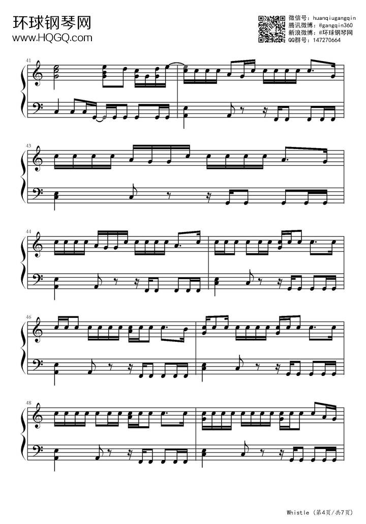 whistle(可口可乐原叶茶的广告主题曲)-flo rida钢琴谱-环球钢琴网