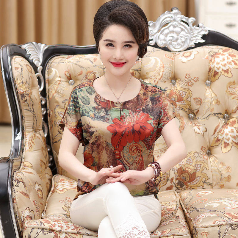 妈妈夏装短袖真丝t恤中老年女装香云纱桑蚕丝上衣老人奶奶装洋气