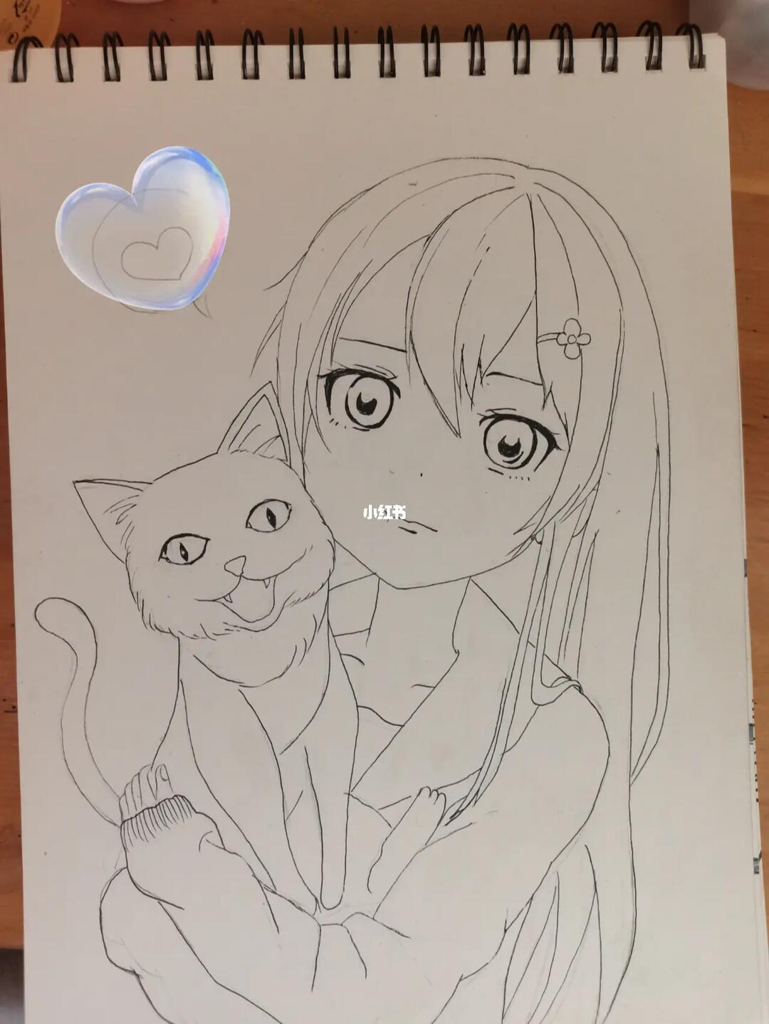 动漫 抱着猫咪的女孩_动漫_临摹_手绘_动漫分享_兴趣爱好_绘画
