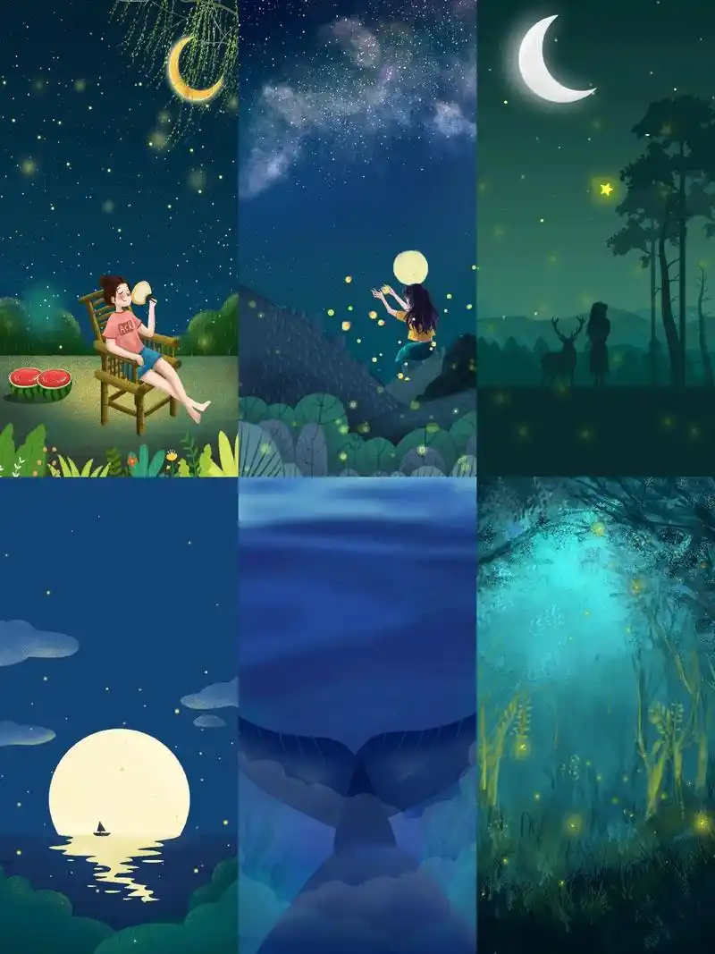 晚安治愈夏日手绘插画手机壁纸背景图