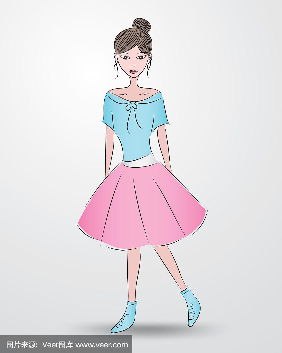 可爱的,时装模特,草图,卡通,连衣裙