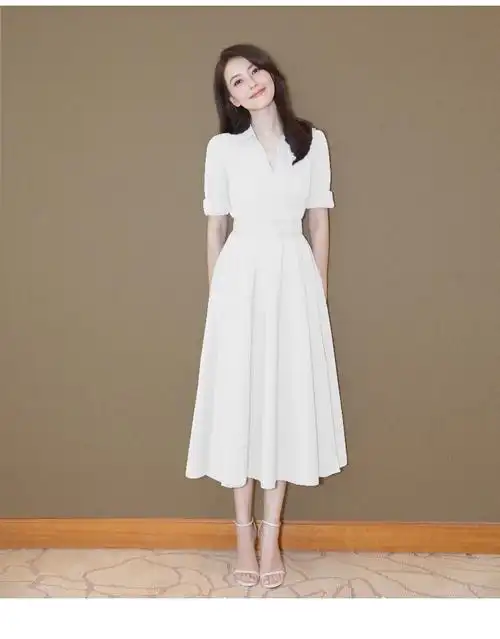 高圆圆明星同款连衣裙白色2019新款夏法式裹身裙v领衬衫中长裙子