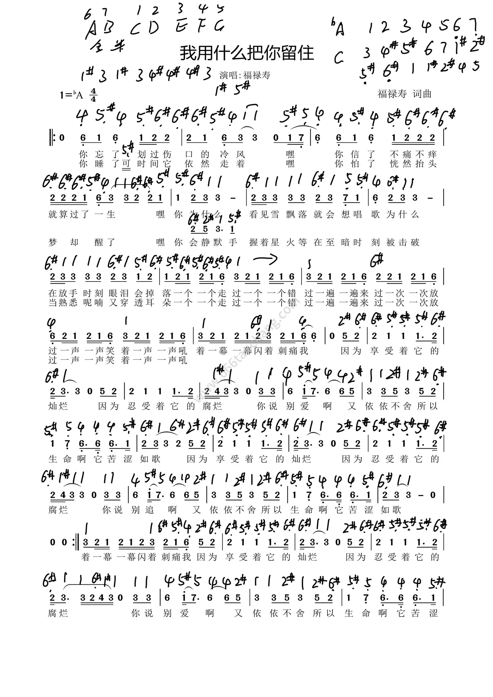 《我用什么把你留住》c调简谱