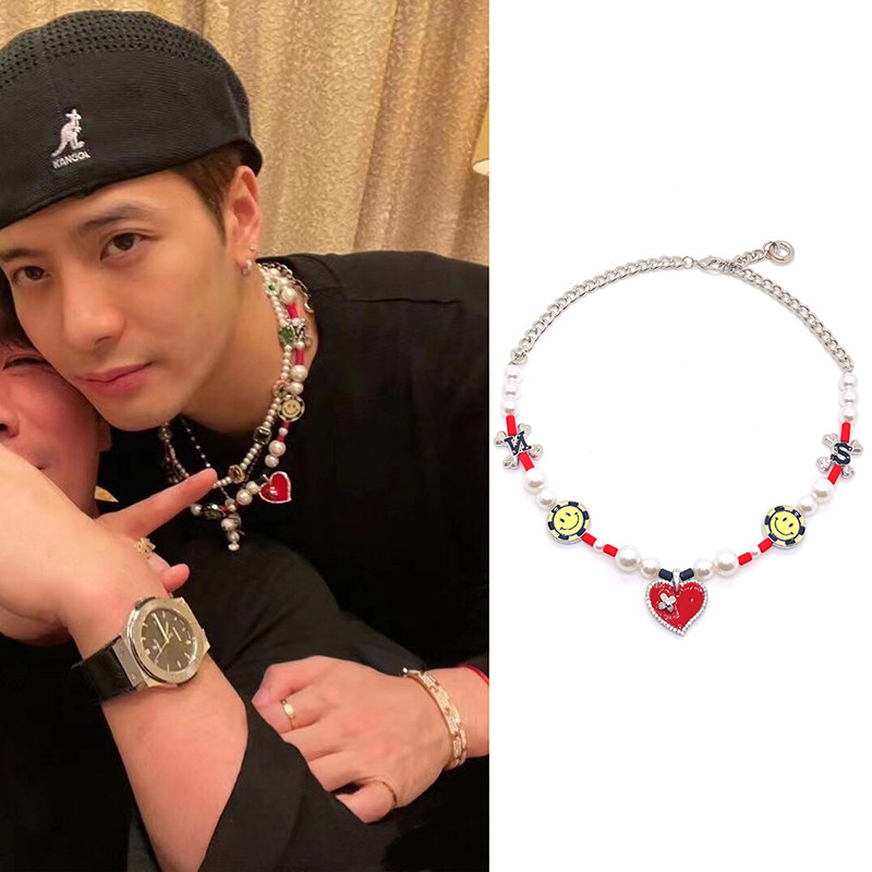 hbgarden国潮王嘉尔同款笑脸红色爱心珍珠项链男女个性嘻哈时尚新