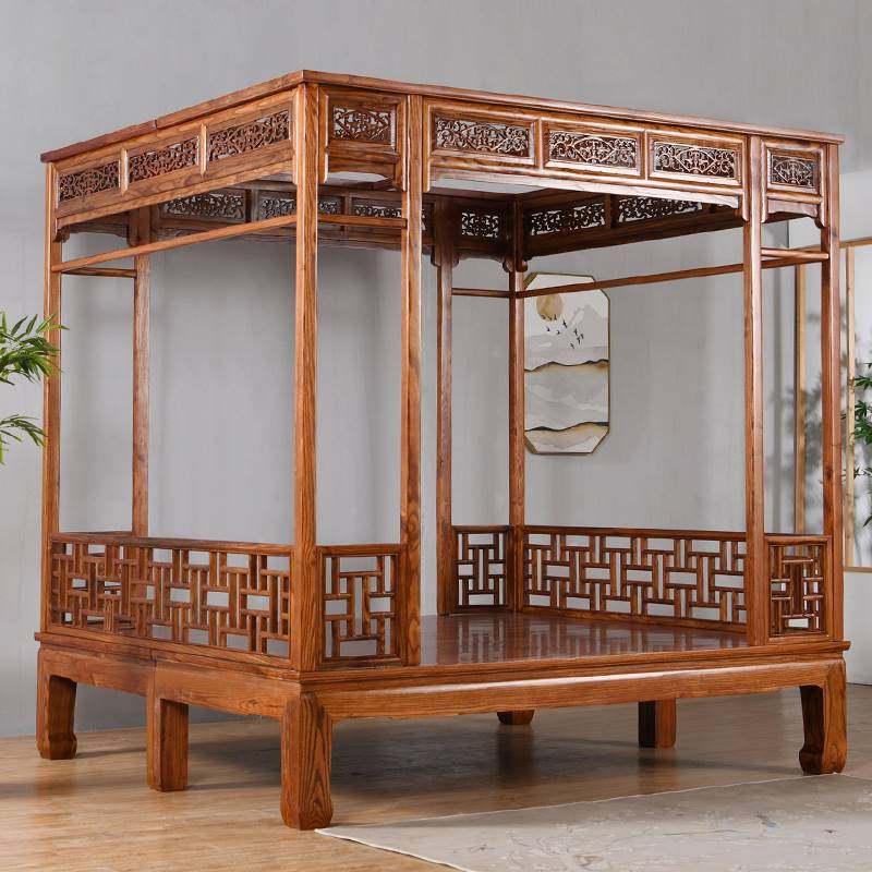 全实木架子床红木仿古古典南榆木月洞双人千工拔步床新中式踏步床