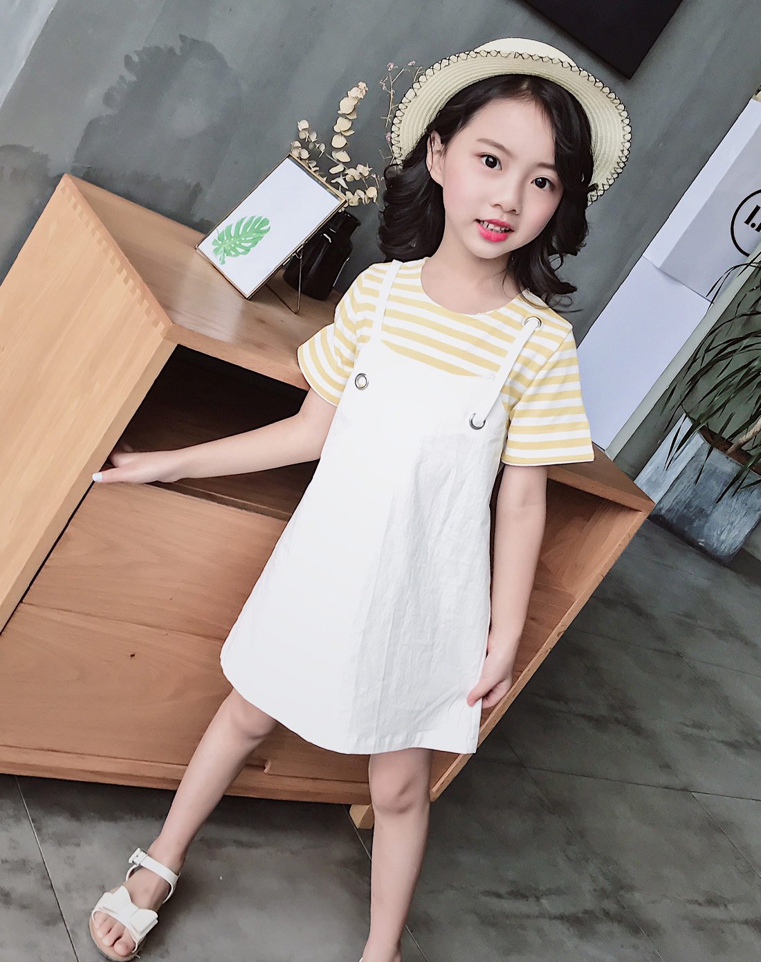 新品夏季女童条纹牛仔短袖连衣裙儿童可爱假两件吊带裙