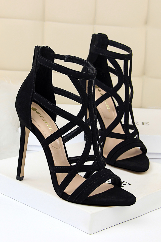 夏季新款 strong>高跟鞋 /strong>欧美细跟超高跟女鞋绒面镂空罗马鞋