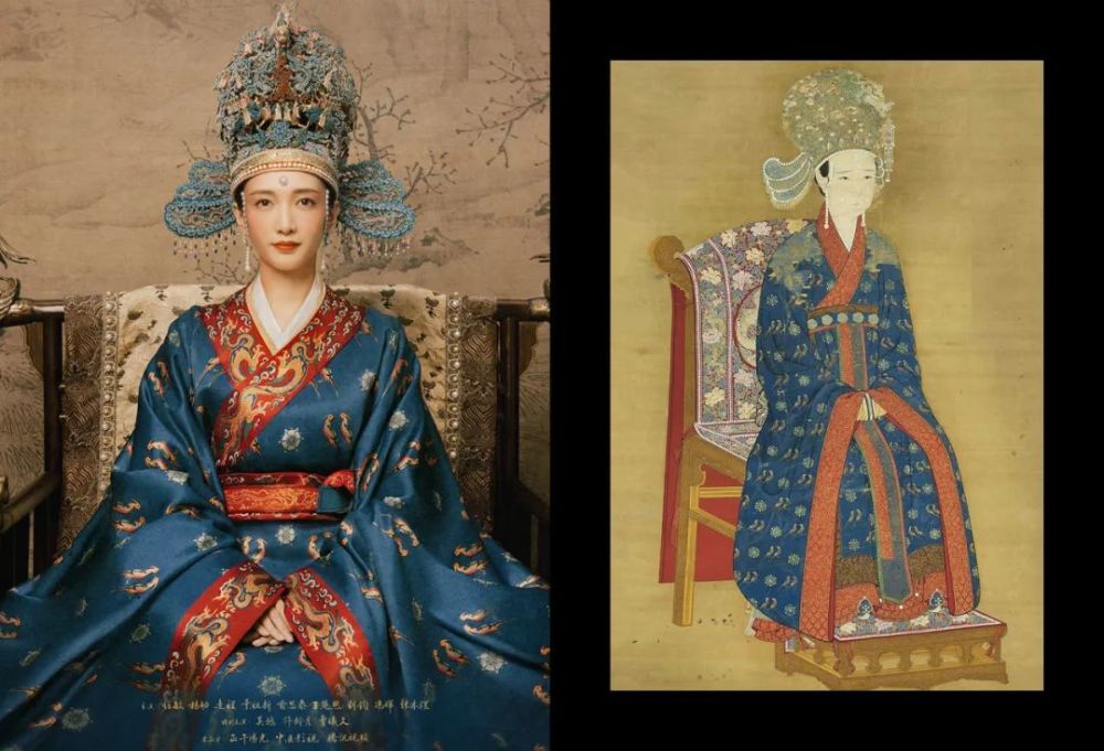 这是皇后最高形制的礼服,用深青色衣料织成蓝底翟衣,衣上有上百只凤凰