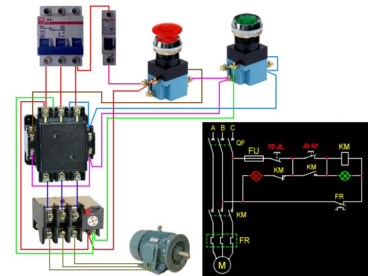 一个380的电机一个热继电器一个380v的线圈的接触器和2个.