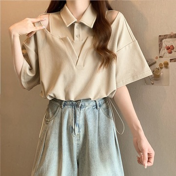 镂空漏肩半袖正肩短袖t恤女装夏季大码抽绳假两件上衣广州十三行