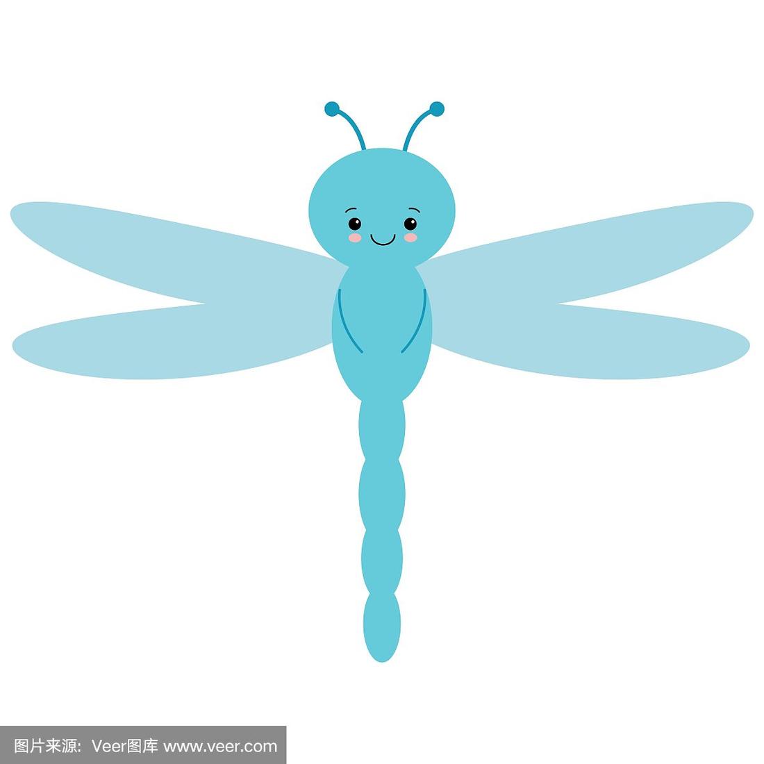 可爱的卡通蜻蜓在飞.儿童矢量图片.透明的蓝色翅膀.一个美丽的昆虫.