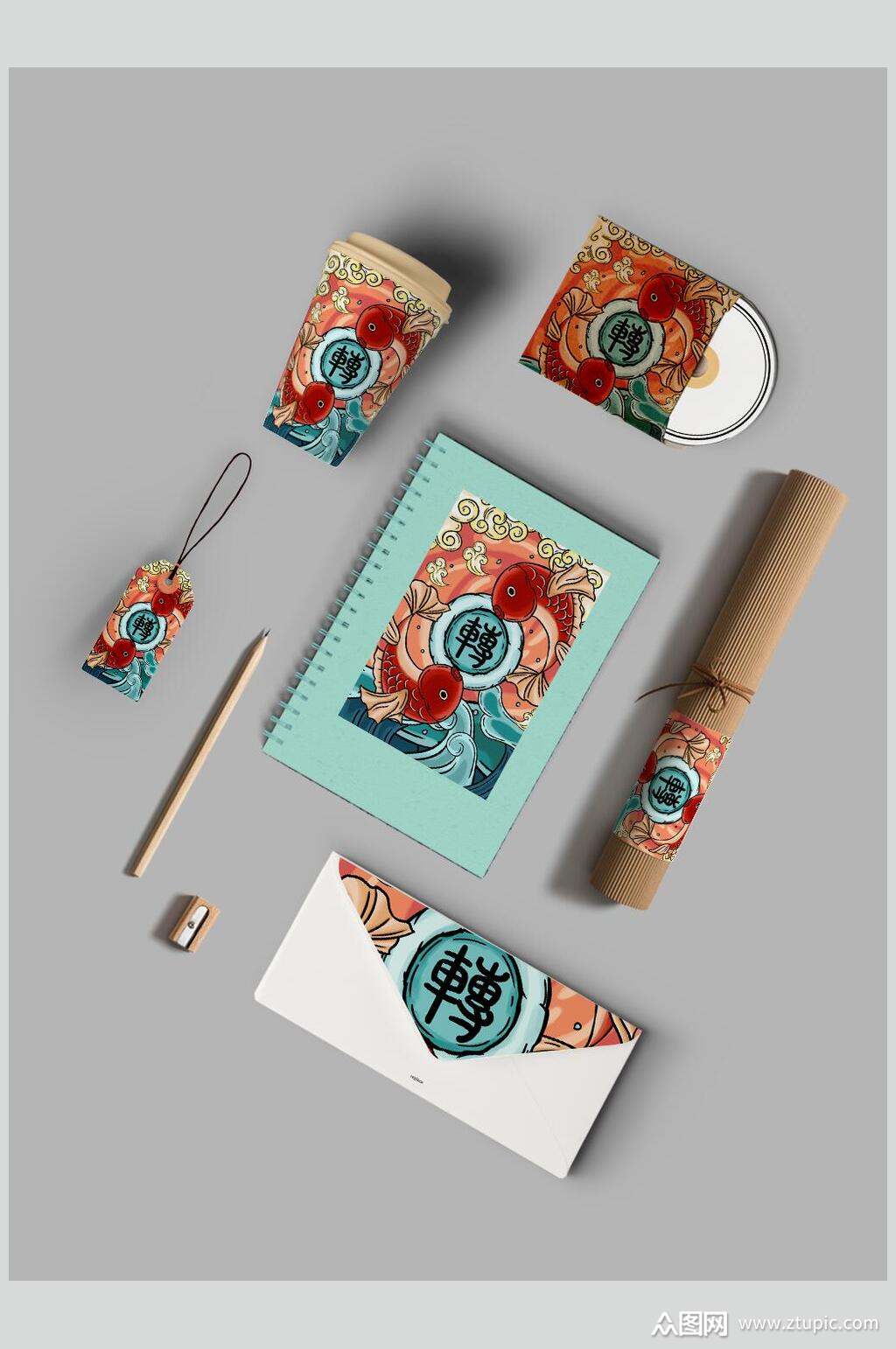 锦鲤滚筒铅笔棕色国潮文创样机模板下载-编号4230427-众图网