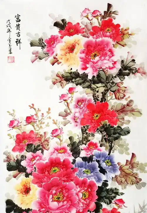 纯手绘真迹特价牡丹画国画花鸟画 四尺竖幅写意牡丹花开富贵w1703