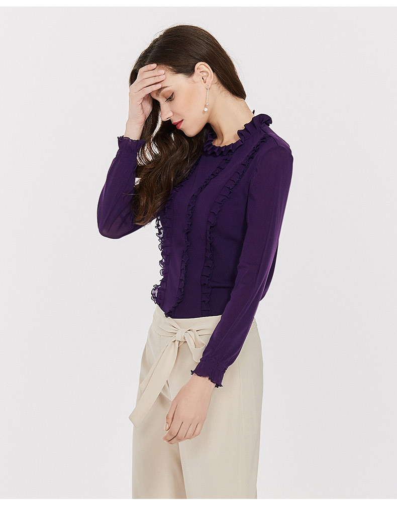 uge/依梦春装新款中年女装ol上衣木耳边长袖打底t恤修身百搭小衫_6折