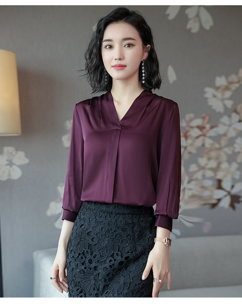 悦名真丝衬衫女2018秋装新款长袖v领女装气质直筒桑蚕丝职业纯色上衣
