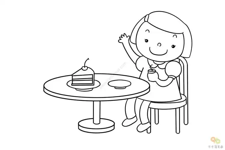 小女孩喝茶吃甜点简笔画享受下午茶时光