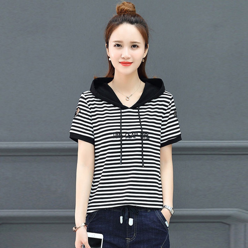 思湄短袖t恤女夏季半袖女装半截袖女 95棉短袖t恤女新款夏季大码连帽