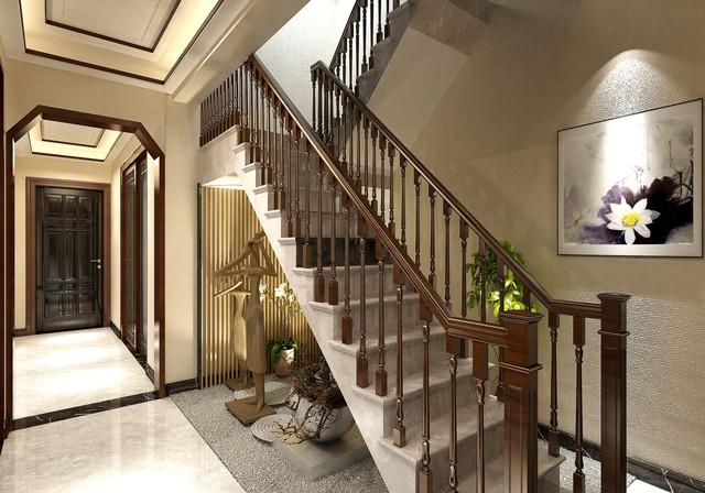 以下是一些美观大气且实用的农村自建房客厅楼梯设计建议