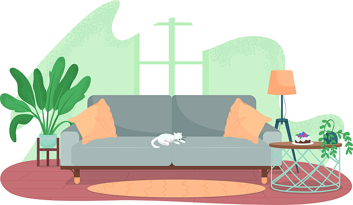 灰色沙发上的猫.舒适的生活区.当代公寓平面场景卡通背景.