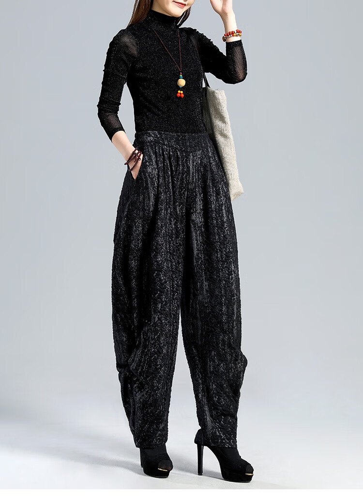 布琳达时尚灯笼裤女2021秋冬宽松大码休闲提花褶皱哈伦舞蹈裤大裆文艺