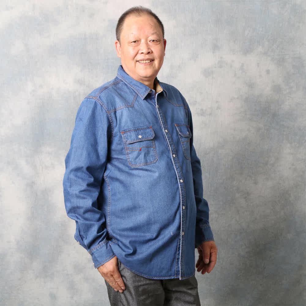 春装新品中老年男特大号加肥加大码牛仔长袖衬衫肥佬胖子休闲衬衣