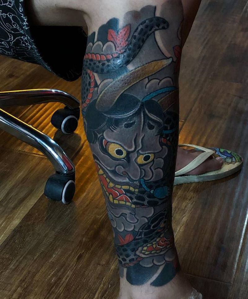 包小腿外侧完成纹身图片_新传统老传统纹身图案