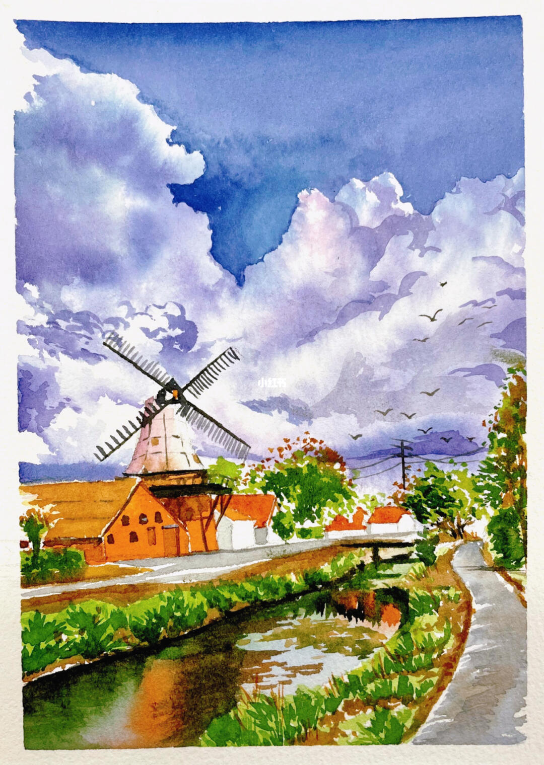 风车 水彩风景画