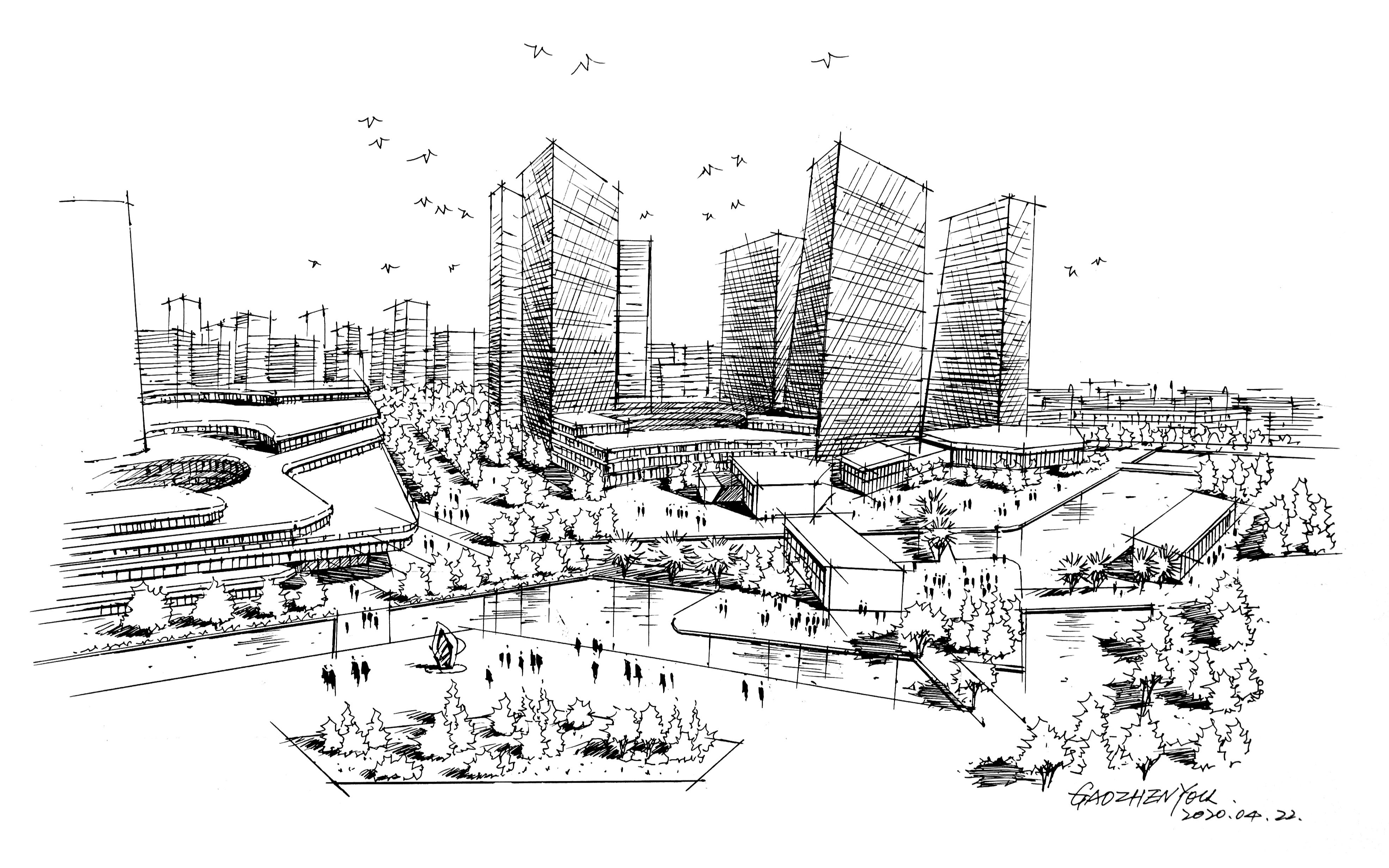 设计手绘教程城市规划图表现线稿篇