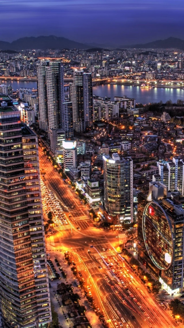 韩国,首尔,城市夜,摩天大楼,灯 iphone 壁纸