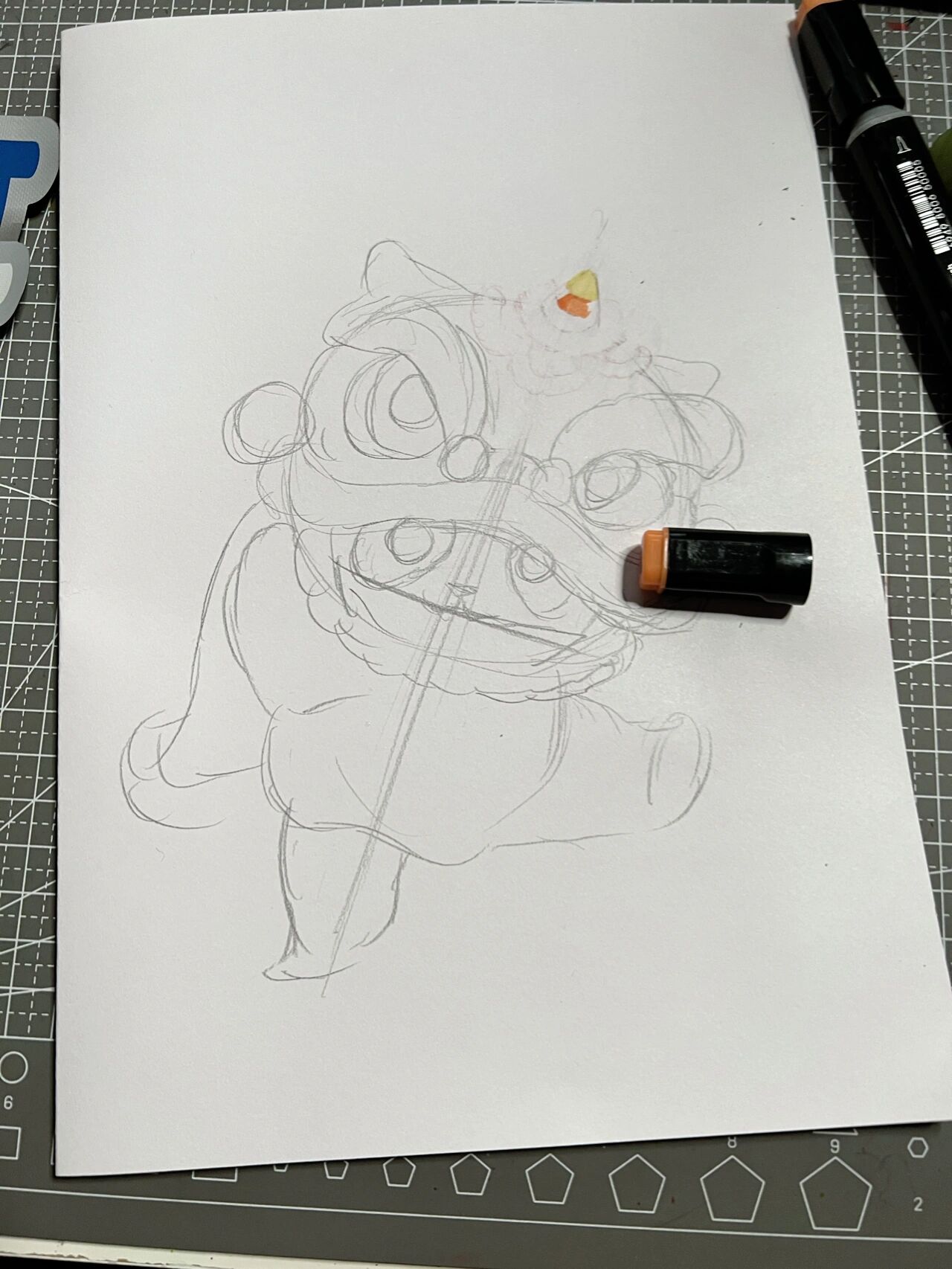 醒狮 舞狮小熊猫马克笔手绘 马克笔画很简单很可爱  原图来自大佬雪