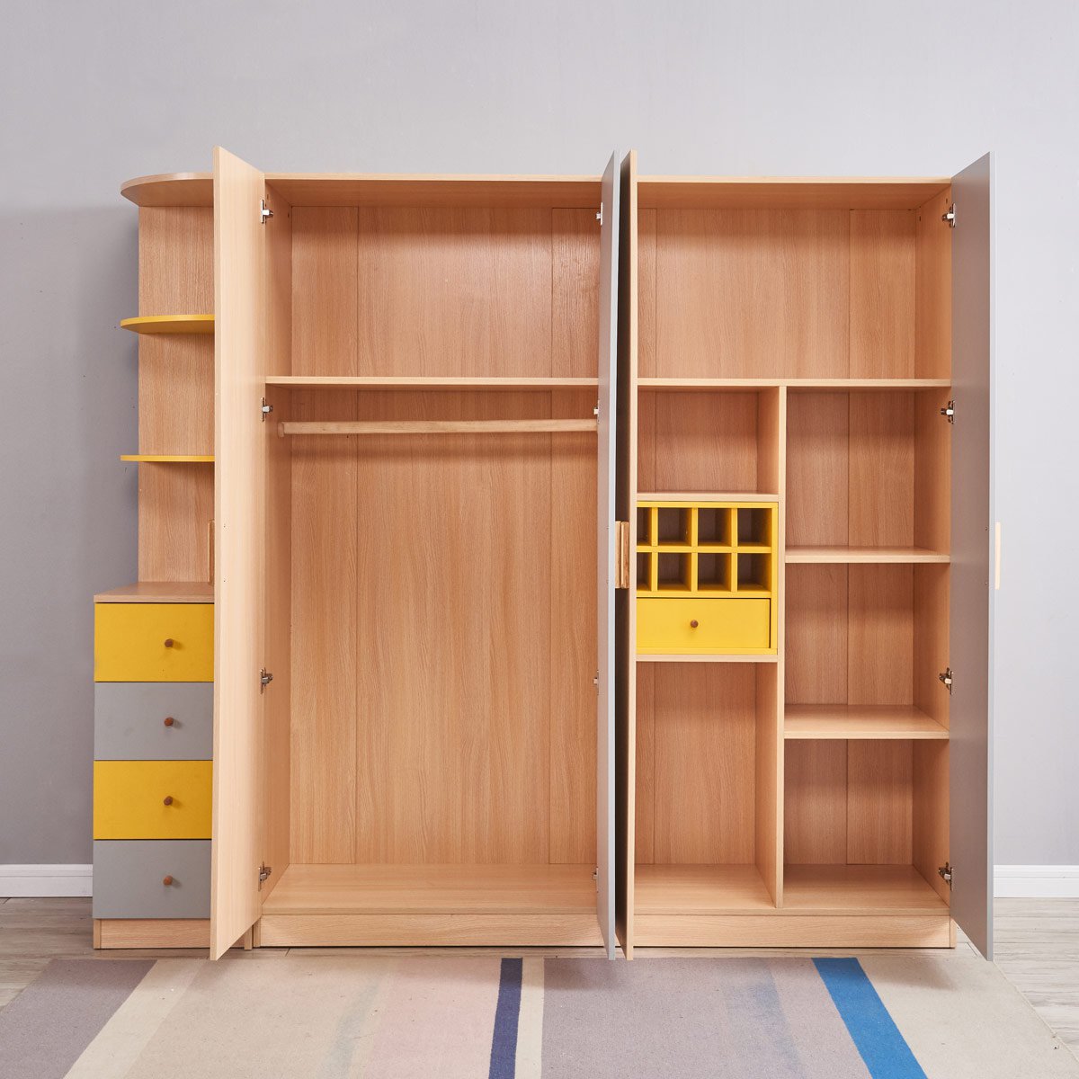 北欧衣柜卧室彩色简约现代储物四门推拉门滑门板式整体大衣橱