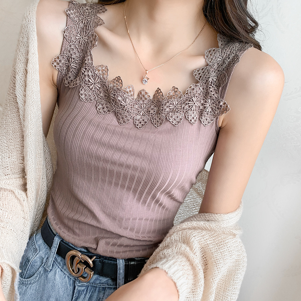 唯美蕾丝方领宽吊带打底背心夏季韩版内修身无袖背心吊带