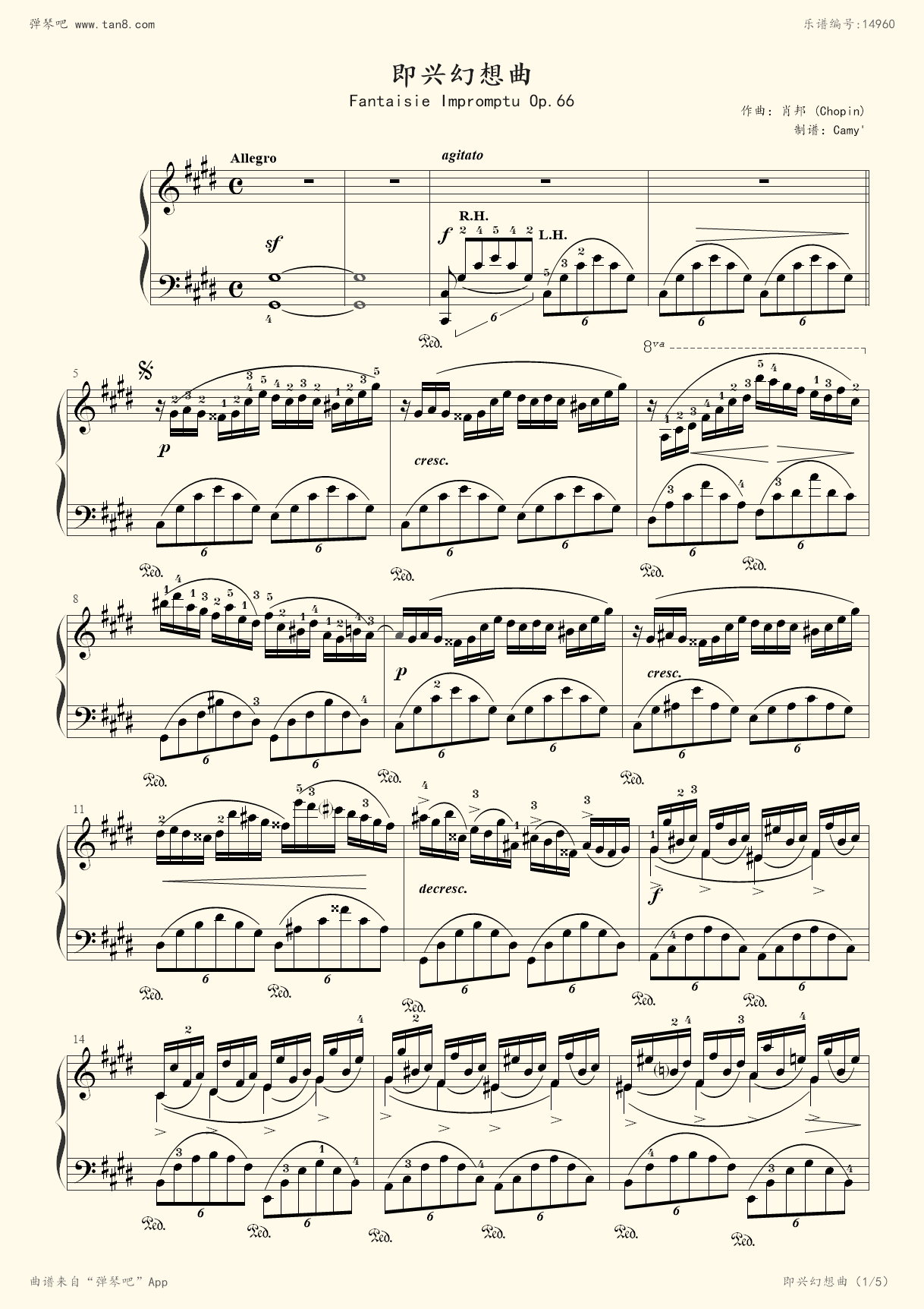 《幻想即兴曲,钢琴谱》op.66,带指法,肖邦-chopin|弹琴吧|钢琴谱|吉他