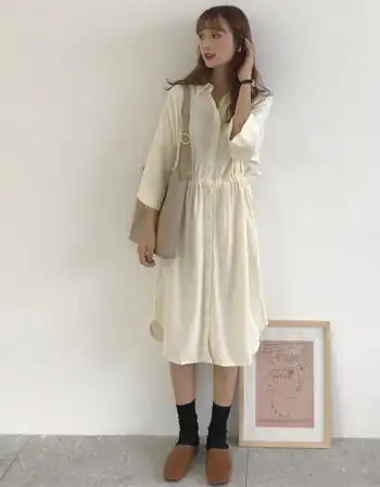 2019新款女装韩版系带收腰衬衫连衣裙很仙的小众a字裙子 均码 米色
