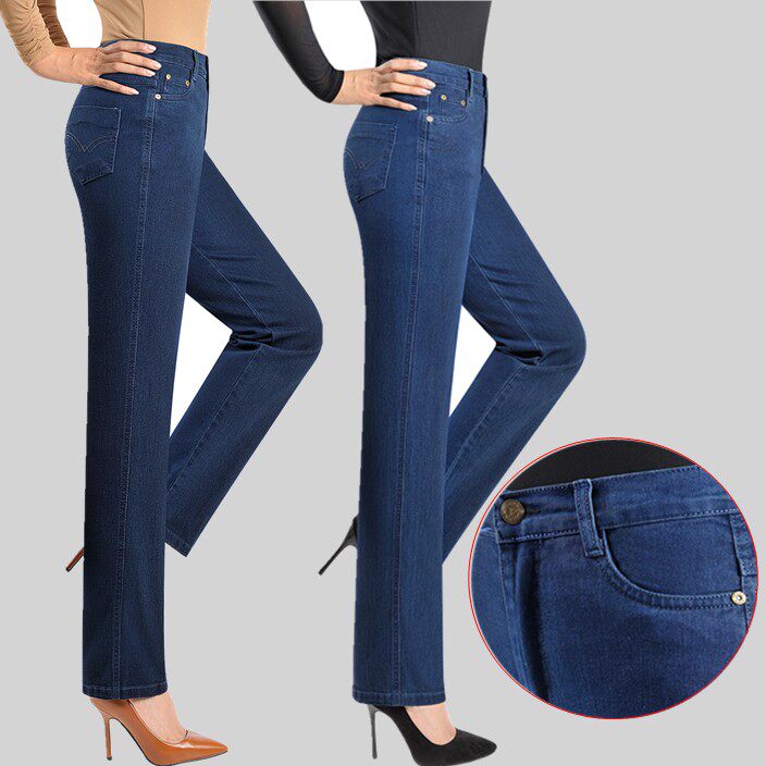 中老年高腰牛仔裤春秋宽松弹力直筒女裤妈妈加肥中老年女装