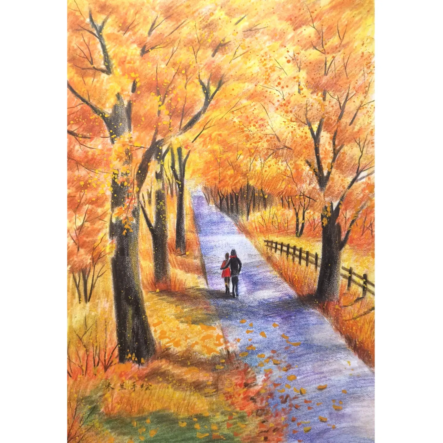 彩铅唯美彩铅风景深秋的浪漫