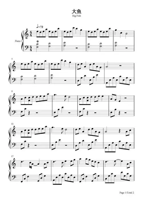 大鱼-c调简单版-周深-c调 -流行钢琴五线谱