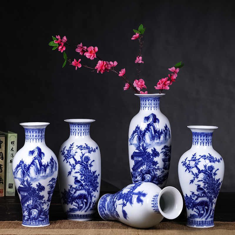 中式陶瓷青花瓷插花装饰品礼品古典瓷器家居时尚官窑工艺品花瓶青花瓷