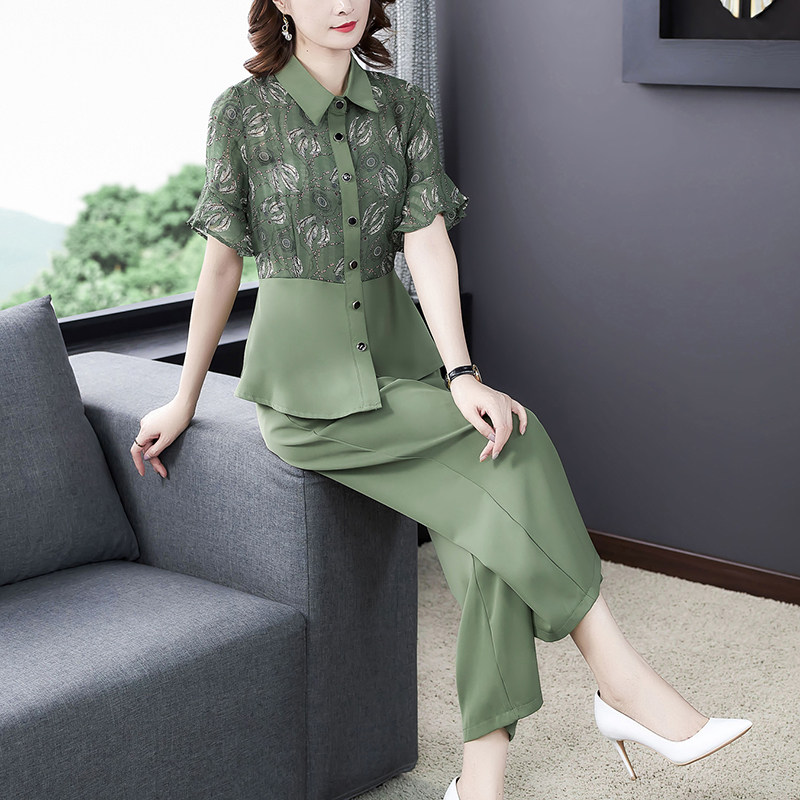 阔太太太夏装两件件套中年妈妈套装四十岁女装时尚套装