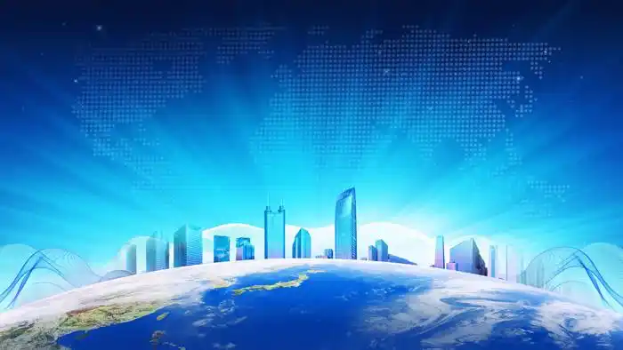 这是五张蓝色地球曲度商务ppt背景图片,包括了:地球图片,商业建筑图片
