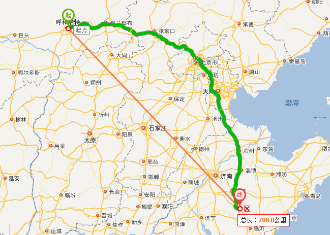 呼和浩特与山东蒙阴的直线距离