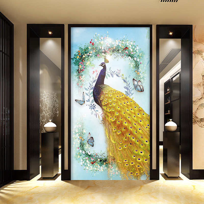 5d玄关壁画走廊过道墙纸装饰画竖版8d中式无纺布墙纸