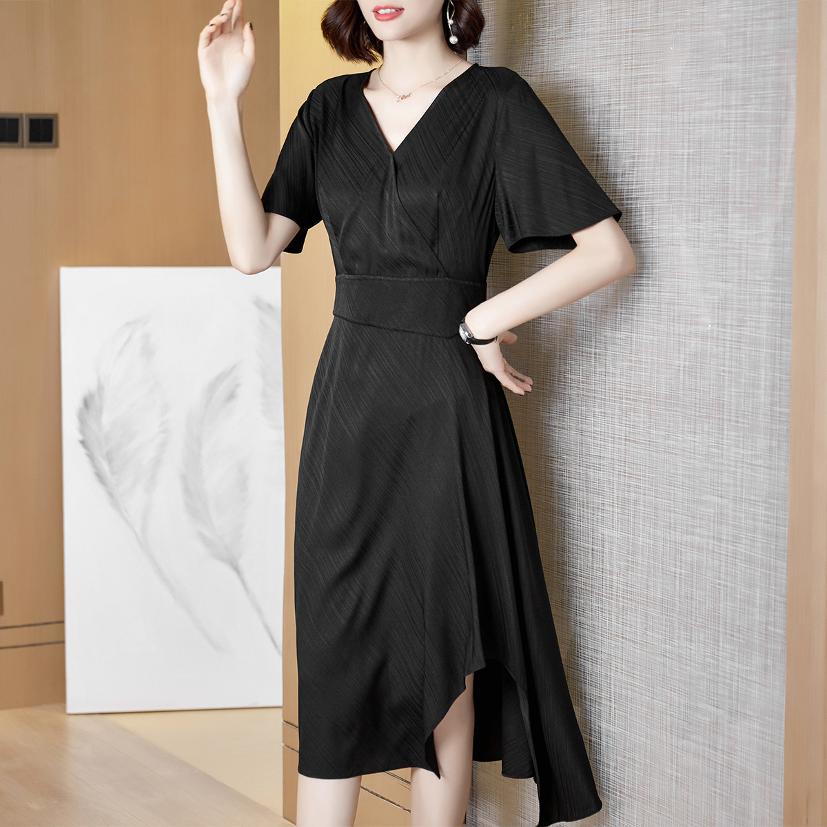恒源祥2020夏纯色短袖v领套头中长裙真丝连衣裙79yx320101_唯品会